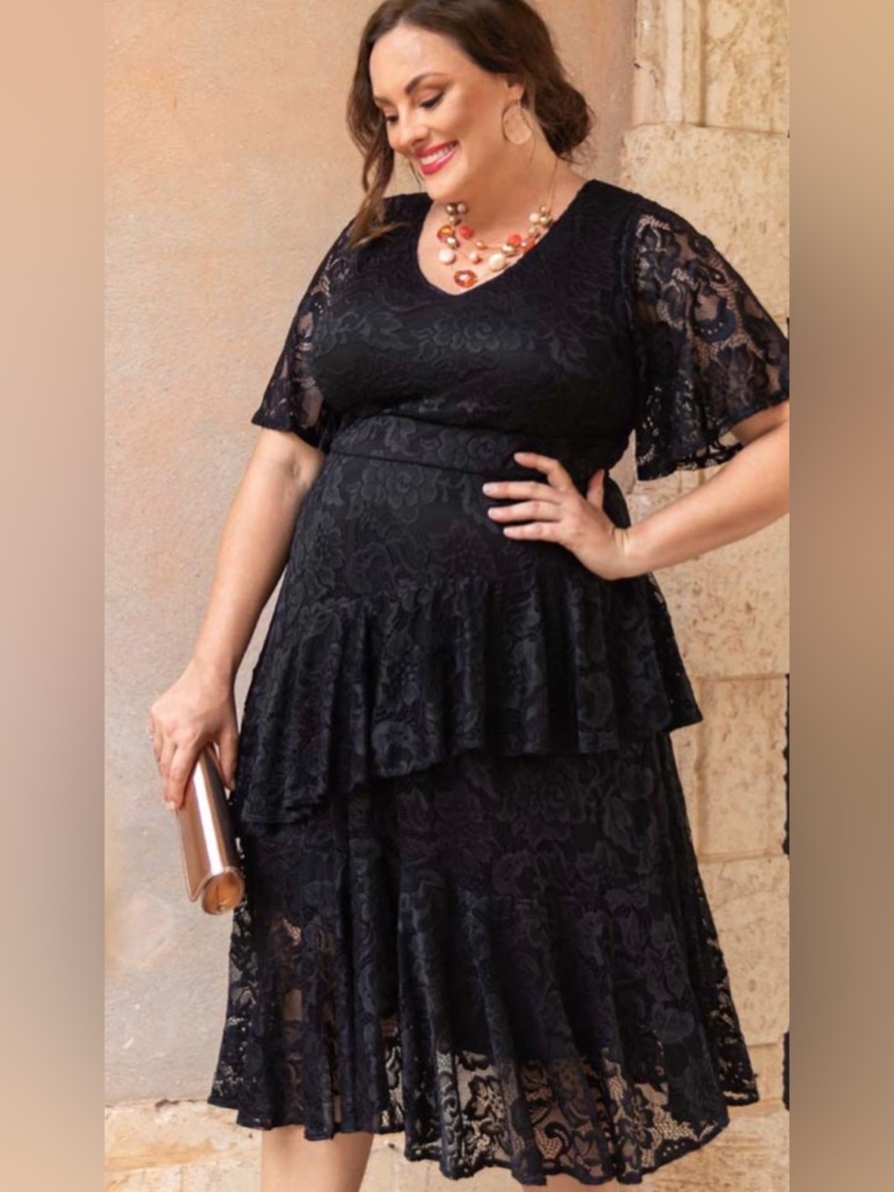 Kiyonna V-Neck Lace Affair Cocktail Midi Dress in Black